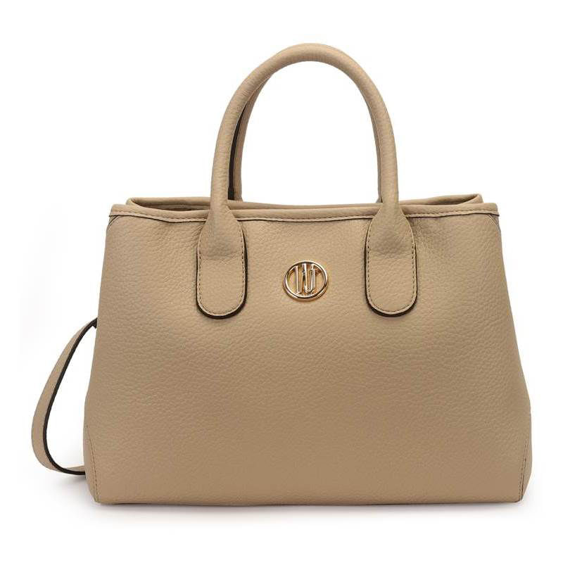 Bolsa casual feminina WJ Acessórios bege em material sintético com textura granulada, vista frontal com alças duplas fixas e detalhes metálicos dourados